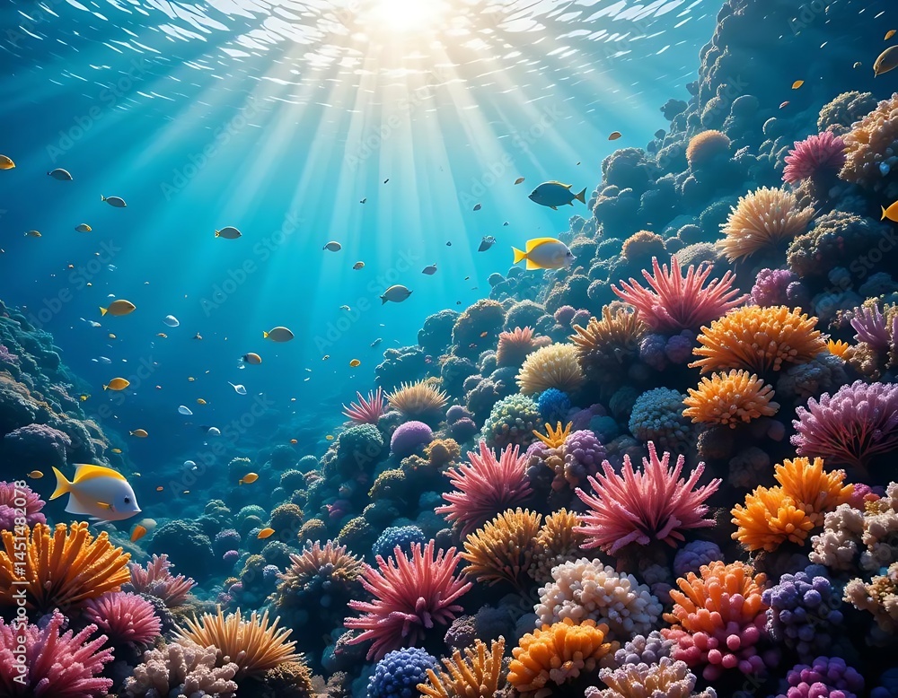 Fototapeta premium Vibrant coral reef teeming with marine life is illuminated by sunlight filtering through blue water.