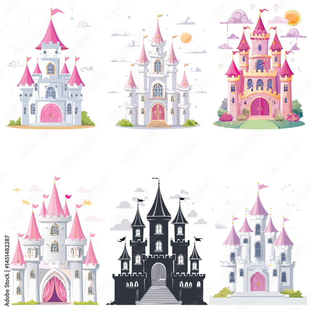 Obraz premium Collection of cute fairytale princess castles in different colors and styles for children book illustration.