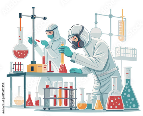 Vector of scientists or workers testing chemical liquids in an industrial lab, isolated on white background.
