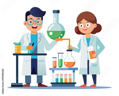 Vector of scientists or workers testing chemical liquids in an industrial lab, isolated on white background.
