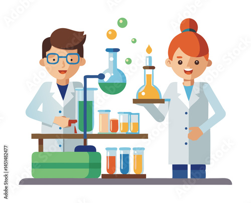 Vector of scientists or workers testing chemical liquids in an industrial lab, isolated on white background.

