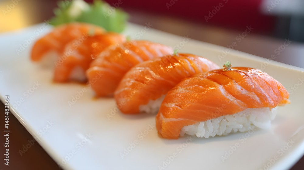 Fresh Salmon Nigiri Sushi Handcrafted with Precision and Elegance on a White Plate Fresh Salmon Nigiri Sushi Handcrafted with Precision and Elegance on a White Plate