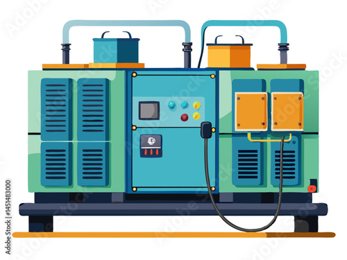 Vector of a large power generator with connected cables and battery units, isolated on white background.
