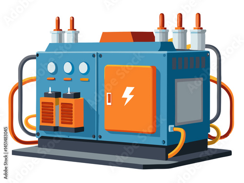 Vector of a large power generator with connected cables and battery units, isolated on white background.
