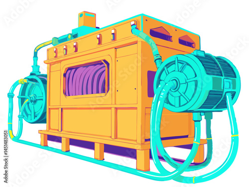Vector of a large power generator with connected cables and battery units, isolated on white background.
