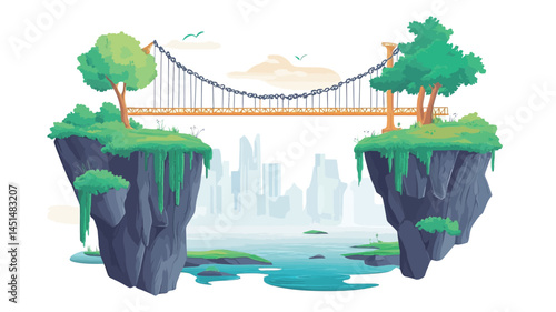 This digital illustration depicts a suspension bridge connecting two verdant islands. The islands are covered in lush green vegetation and have a dark grey rock base.