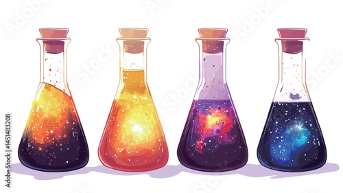 A digital illustration shows four conical flasks, each sealed with a cork. The flasks contain liquids in bright, otherworldly colors that seem to mimic a nebula.