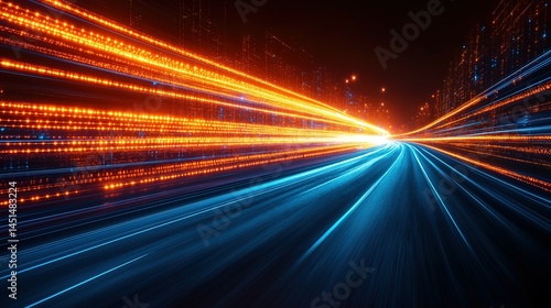 High speed light with blue and orange stripes in abstract, futuristic technological concept, showing motion blur against fast forward timeline background