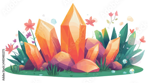 A digital illustration shows a cluster of sparkling orange crystals set among lush green leaves and delicate flowers. The crystals are rendered in a stylized, almost cartoonish way.