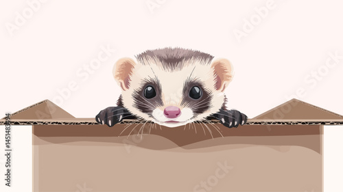 Studio close-up of a ferret's head and upper body peeking out of a plain brown cardboard box against a pure white background. The ferret's fur is a mix of light and dark brown.