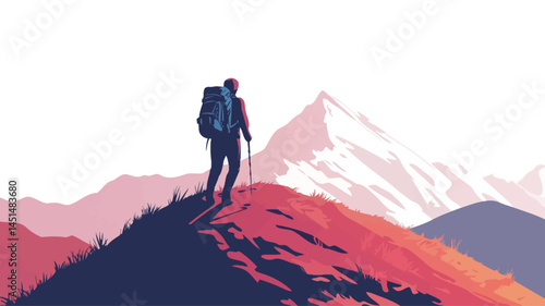 A stylized vector illustration depicting a lone hiker standing on the top of a mountain against a vibrant gradient sunset sky. The color scheme is bold, saturated dark blue tones.