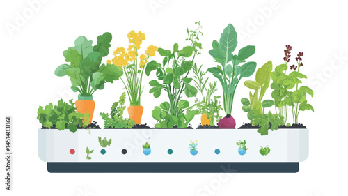 A digitally rendered illustration shows a rectangular white planter filled with a variety of brightly colored herbs and vegetables. The plants vary in height and texture.