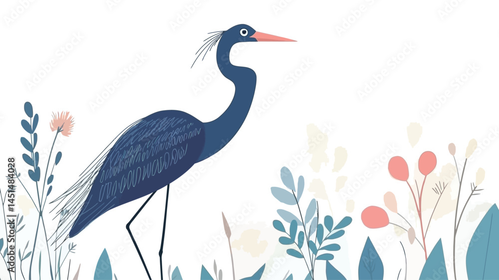Fototapeta premium This digital illustration shows a stylized blue heron perched in a field of soft wildflowers. The heron is painted in a monochromatic blue with subtle accents.