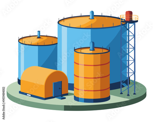 Vector of large cylindrical oil storage tanks in an industrial zone, isolated on white background.

