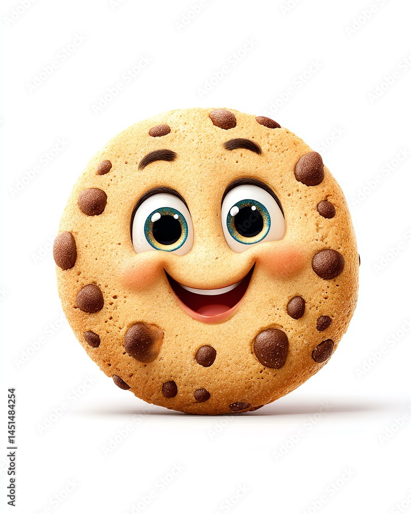 Fototapeta premium Happy Cartoon Chocolate Chip Cookie with Big Eyes on White Background