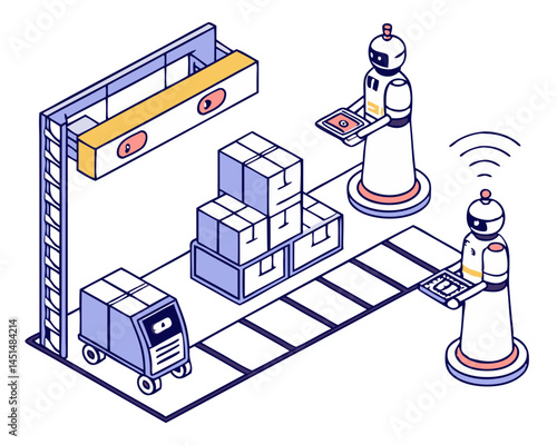 Vector of automated robots transporting goods in a smart warehouse, isolated on white background.
