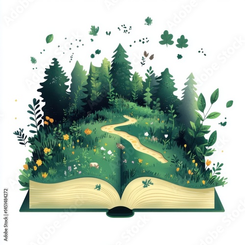 Nature's storybook a magical forest scene inside an open book enchanted landscape whimsical art