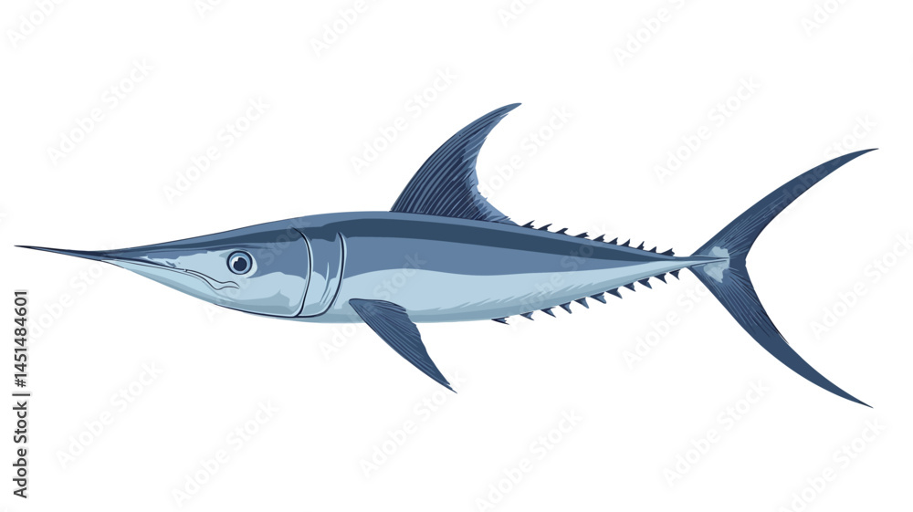 A meticulously rendered illustration of a swordfish (Xiphias gladius) presented in profile against a clean white background. The artwork showcases the intricate detail A meticulously rendered illustration of a swordfish (Xiphias gladius) presented in profile against a clean white background. The artwork showcases the intricate detail