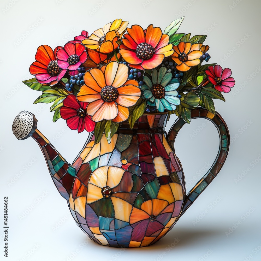 Vibrant floral arrangement in stained glass watering can home decor indoor setting artistic viewpoint