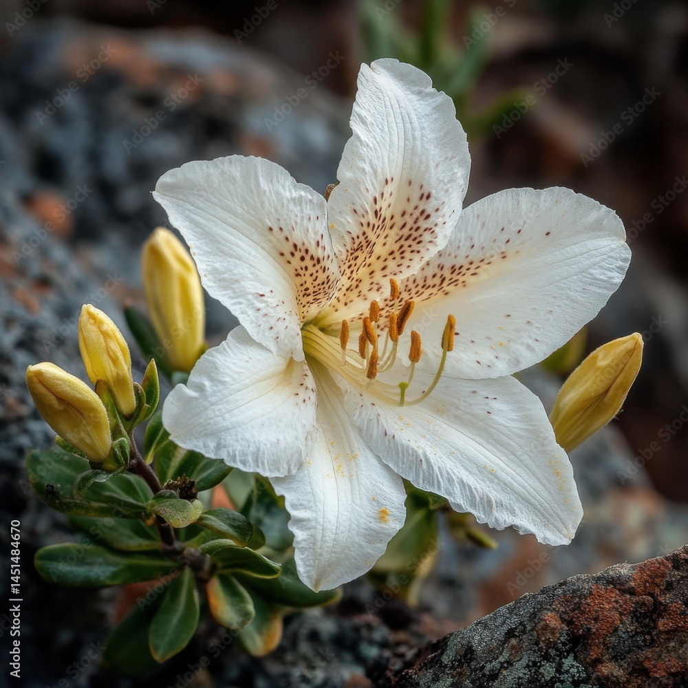 Blooming white lily flower in rocky terrain nature photography outdoor environment close-up perspective