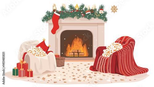 A digital illustration depicts a stylized interior scene with the focal point being a classic white mantel decorated with a wreath of evergreen branches and a red Christmas stocking.