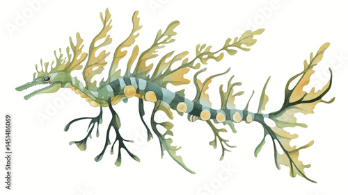 detailed watercolor depiction of a leafy sea dragon shows its complex body structure and leaf-like appendages.