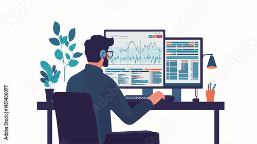 The image shows the back of a male trader sitting at his desk, wearing headphones and staring intently at his computer screen.