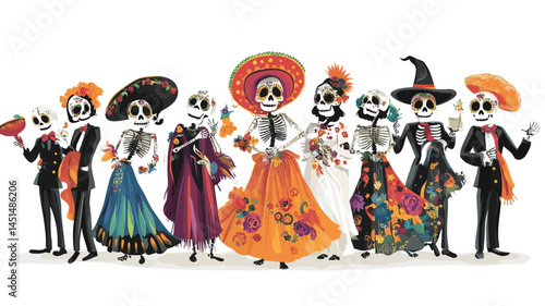A digital illustration shows a group of nine lifelike calaveras and catrinas dressed in traditional Mexican clothing.
