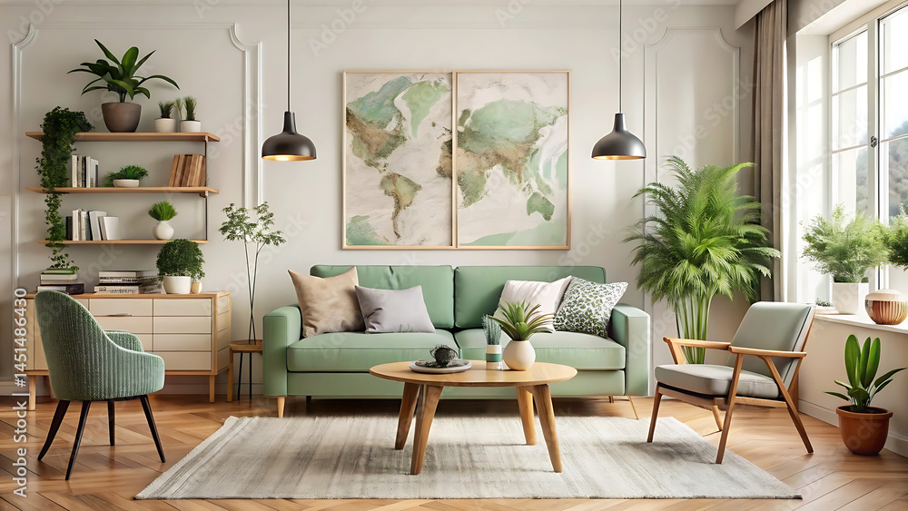 Modern scandinavian styled living room with mint design elements and soft neutral tones Modern scandinavian styled living room with mint design elements and soft neutral tones