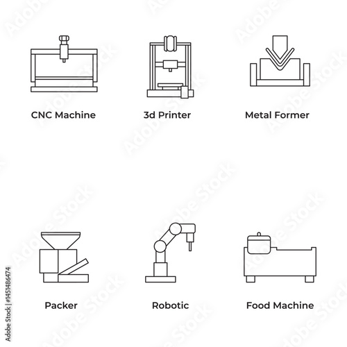 Editable stroke vector icon set of industrial machines including CNC, 3D printer, metal former, packer, robotic arm, and food machine. Ideal for automation, manufacturing, and factory design.