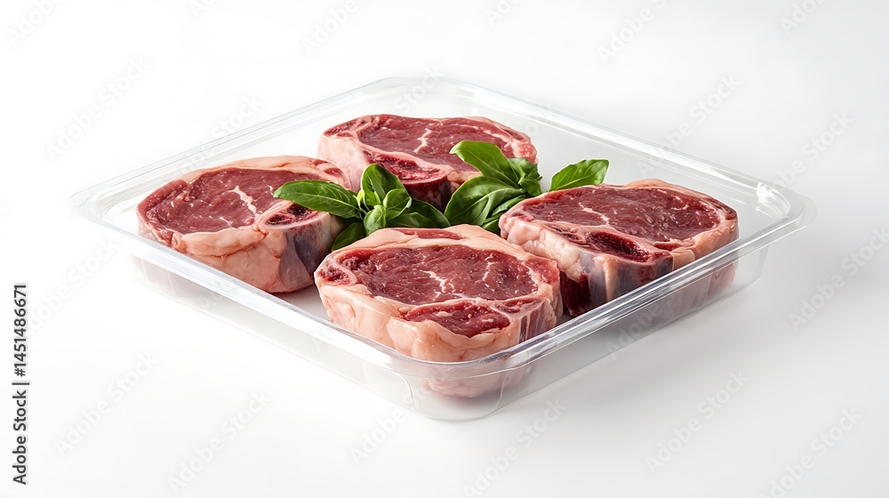 Four fresh steaks in a clear plastic tray. Four fresh steaks in a clear plastic tray.
