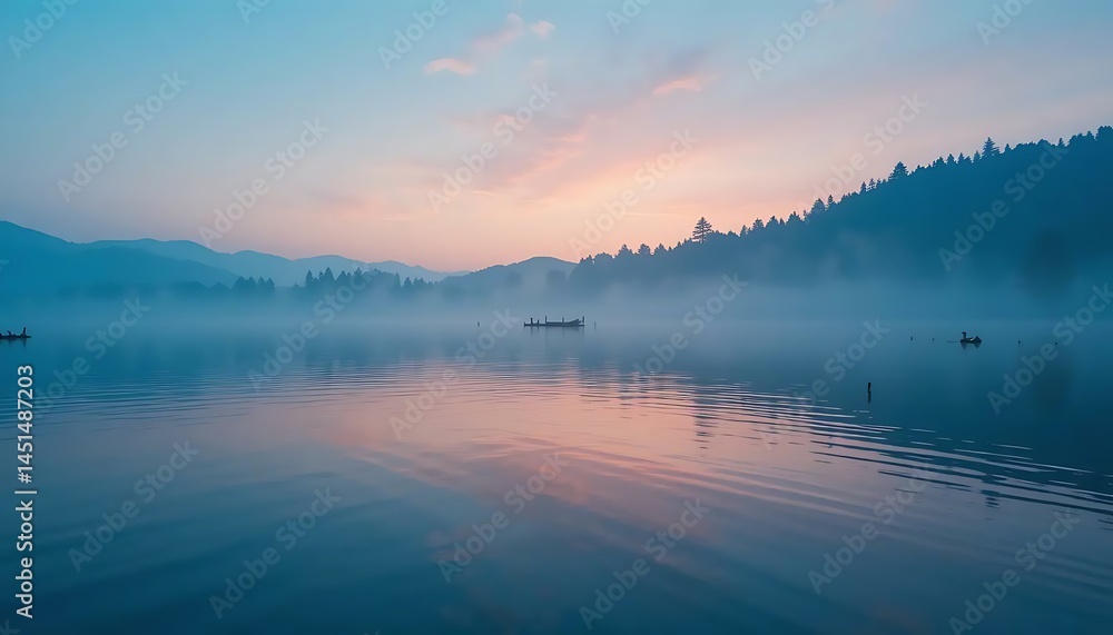Obraz premium A serene landscape with a tranquil lake shrouded in mist at dusk or dawn, creating a peaceful scene.