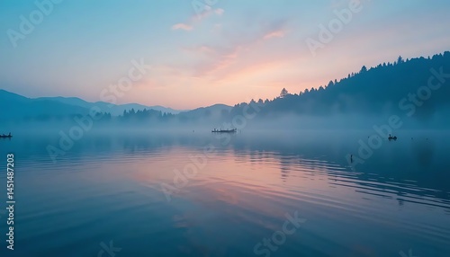 Wallpaper Mural A serene landscape with a tranquil lake shrouded in mist at dusk or dawn, creating a peaceful scene. Torontodigital.ca