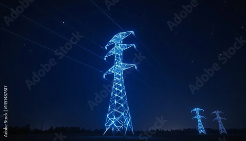 Blue Lit Power Transmission Towers Standing Tall Against Dark Night Sky with Faint Landscape Outlines
