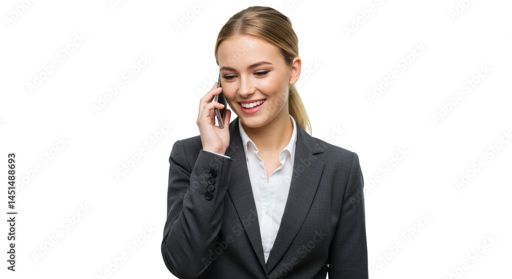 Smiling woman in business attire conversing on a mobile phone with a joyful expression visible now on transparent background Smiling woman in business attire conversing on a mobile phone with a joyful expression visible now on transparent background