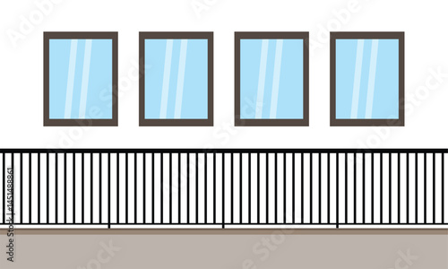 Simple vector illustration of a modern building facade with four blue windows and a black metal balcony railing. Clean architectural design ideal for urban-themed projects.