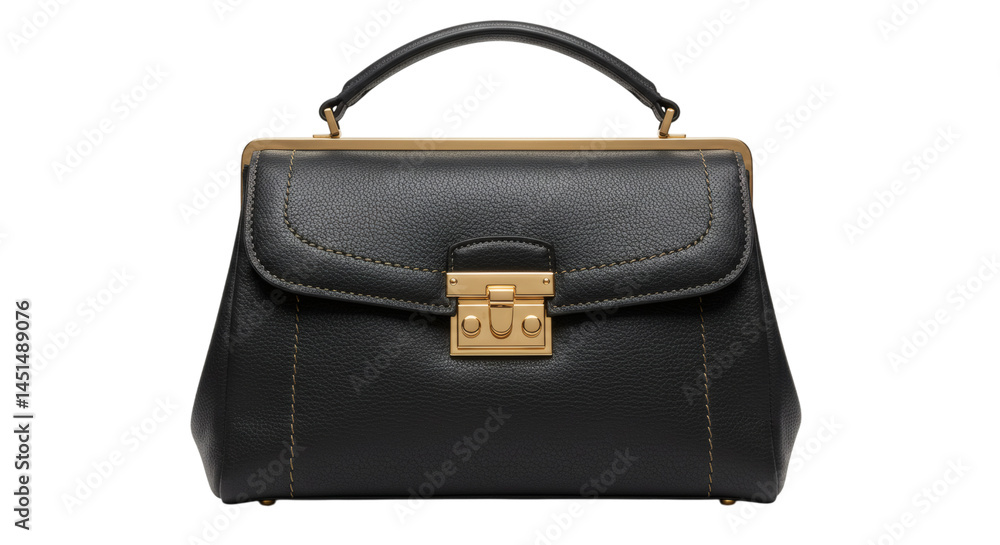 Close up shot showcasing a stylish leather handbag with golden hardware and a top handle design on transparent background Close up shot showcasing a stylish leather handbag with golden hardware and a top handle design on transparent background
