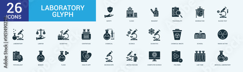 Laboratory icon collection set with safety, flow, clinic, university, reagent, traceability, bioreactor