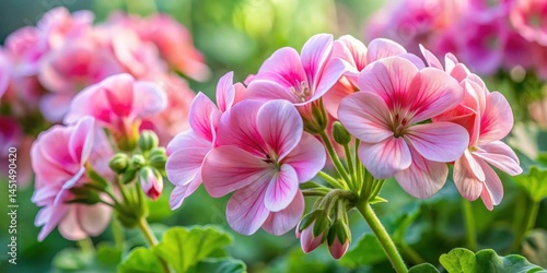 Delicate pink geranium flowers arranged in a beautiful and intricate inflorescence