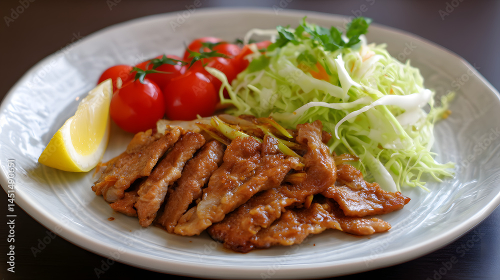 Delicious Thinly Sliced Pork Loin Pan Fried with Fresh Vegetables and Lemon Garnish Delicious Thinly Sliced Pork Loin Pan Fried with Fresh Vegetables and Lemon Garnish