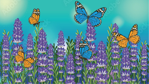 Butterflies in a Lavender Field Vector Illustration