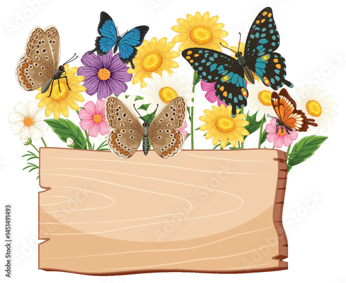 Butterflies and Flowers with Wooden Sign Illustration