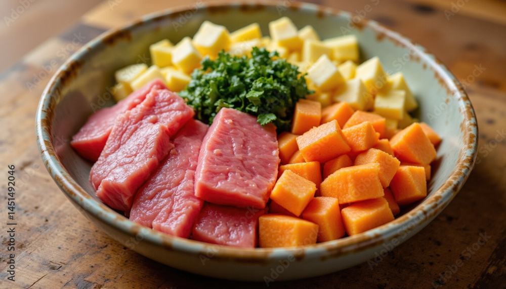 Fresh ingredients arranged in bowl, featuring diced fish, sweet potato, and greens, creating vibrant and healthy meal option Fresh ingredients arranged in bowl, featuring diced fish, sweet potato, and greens, creating vibrant and healthy meal option