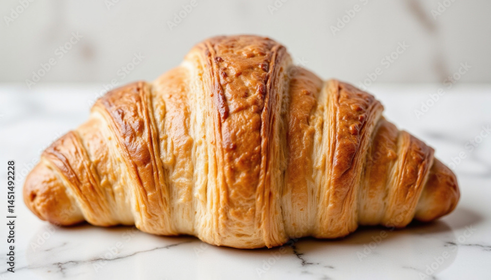 Golden croissant with visible flaky layers, perfect for breakfast or snack, exuding warm, inviting aroma Golden croissant with visible flaky layers, perfect for breakfast or snack, exuding warm, inviting aroma