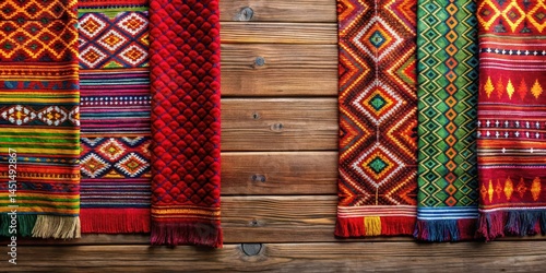 Traditional Batak Ulos Cloth with Vibrant Colors and Patterns displayed on a wooden background, batak culture, ulos batak cloth