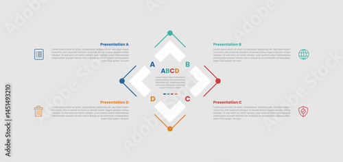 4 stage infographic diagram with diamond rotated square matrix structure on center with 4 step for slide presentation
