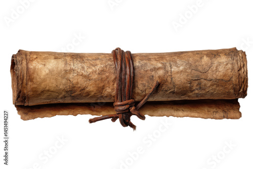 Aged paper scroll tied isolated on transparent png background