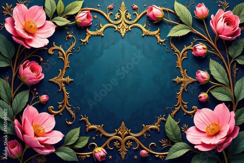Intricate damask with blooming flowers, rich detail, surface pattern, wallpaper, leaf