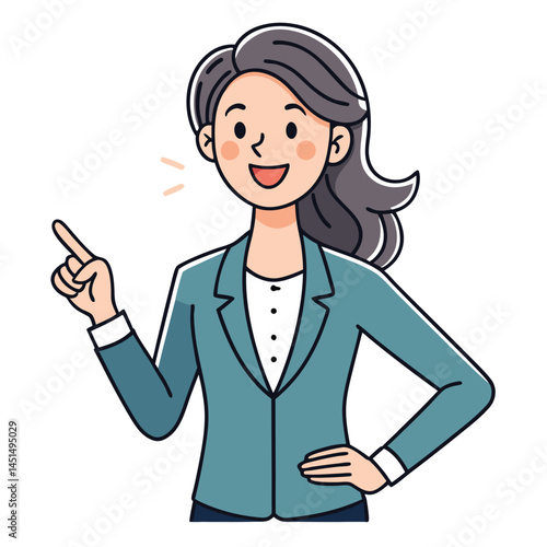 Business woman pointing finger at something. Happy face. Hand drawn style vector design illustrations. 