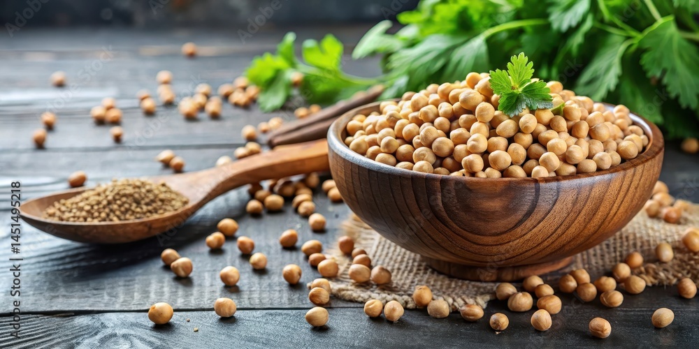 Fototapeta premium Chickpeas in a bowl with cumin seeds and coriander leaves, food, coriander, food, coriander,cumin, natural